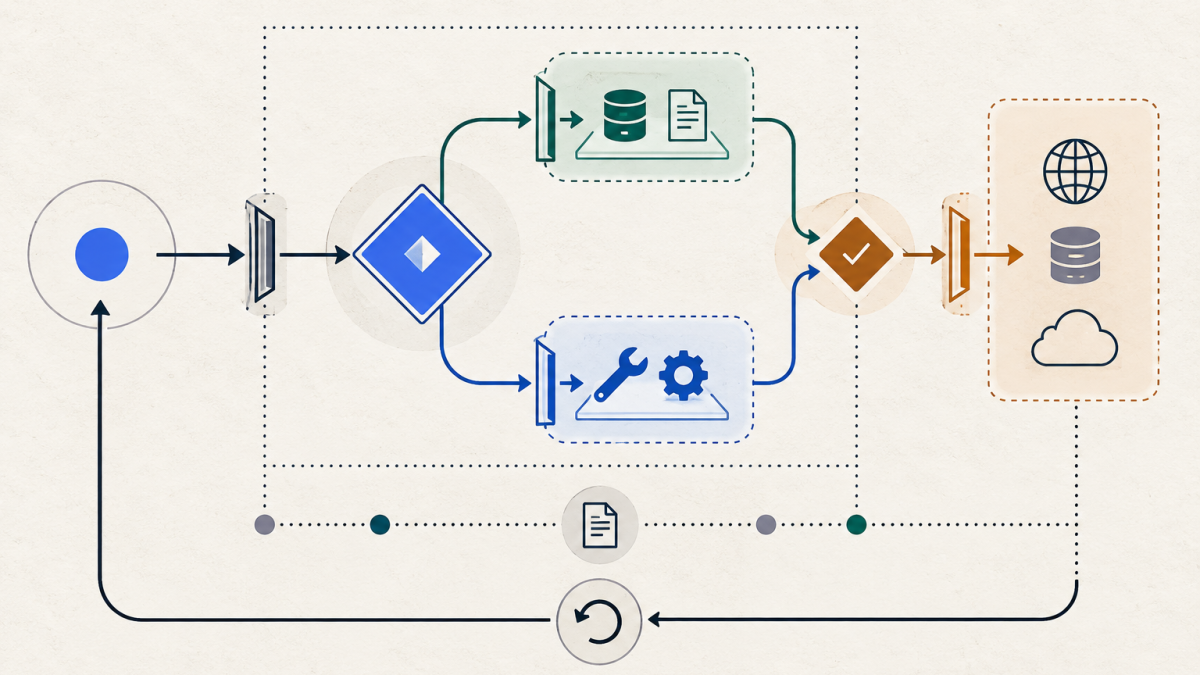 A bounded agent workflow separates tools and external actions with permission gates, approval, an audit trail, and rollback.