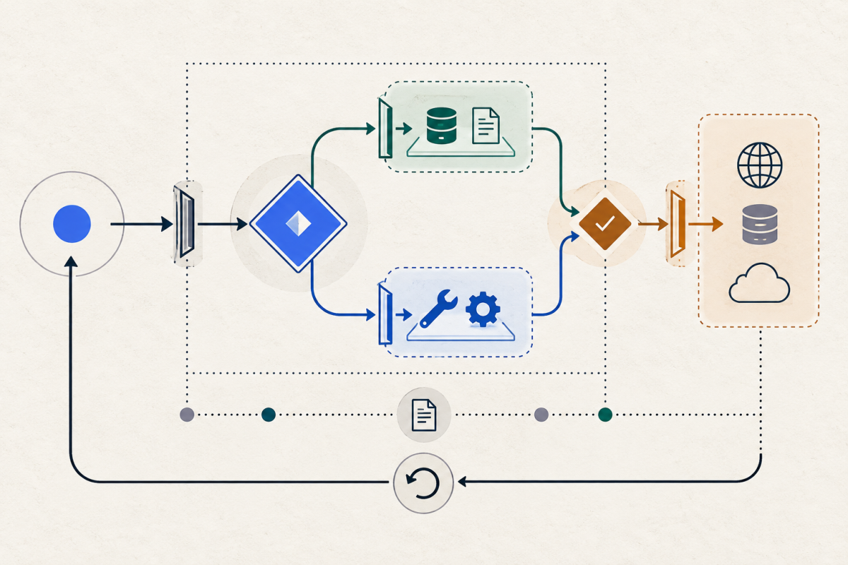 A bounded agent workflow separates tools and external actions with permission gates, approval, an audit trail, and rollback.