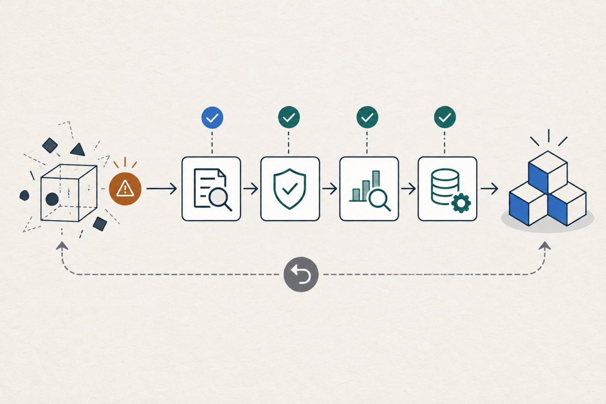 An unstable prototype passes through evaluation and safety checkpoints into a stable modular workflow, with a rollback path below.