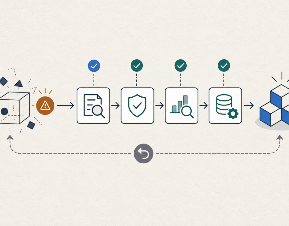 An unstable prototype passes through evaluation and safety checkpoints into a stable modular workflow, with a rollback path below.