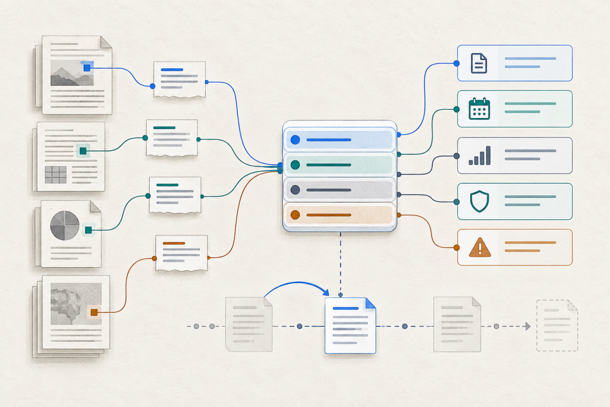 Source documents connect to a structured ledger that tracks evidence, dates, privacy, conflicts, and corrections.
