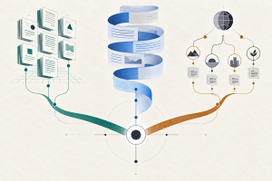 Three knowledge-access paths—indexed retrieval, long context, and targeted search—converge on a neutral decision point.