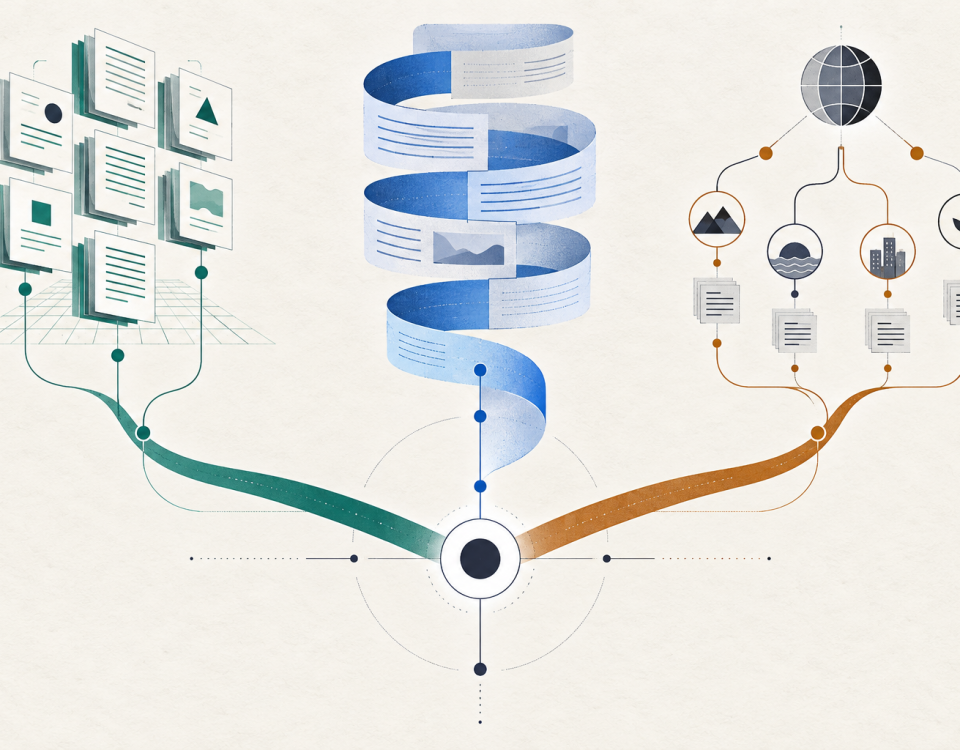 Three knowledge-access paths—indexed retrieval, long context, and targeted search—converge on a neutral decision point.