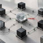 Multiple agent modules coordinate around one task while a red connection highlights a communication bottleneck.