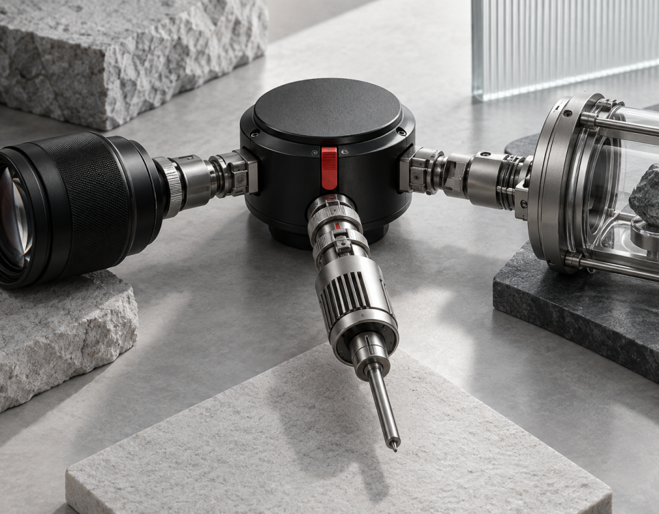 A model core connects to several tools through a constrained protocol hub with a red safety interlock.