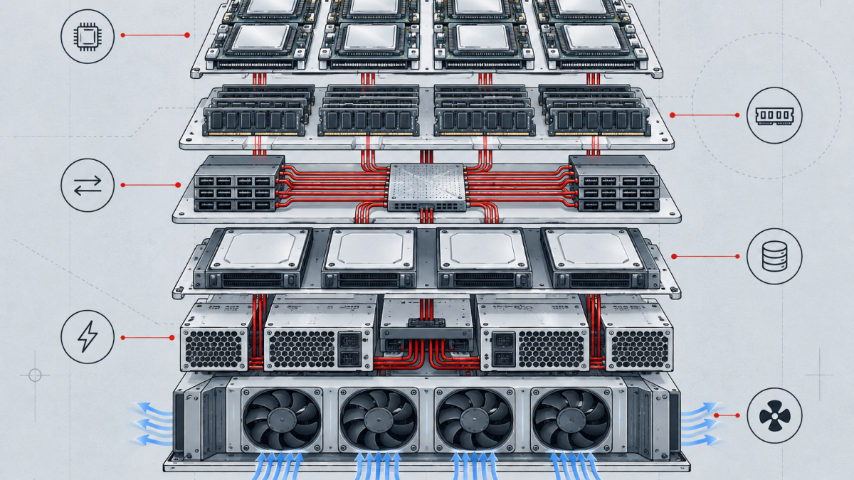 A layered AI hardware stack connects compute, memory, interconnect, storage, power, and cooling.