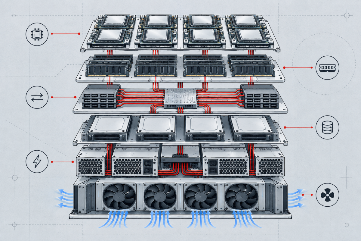 A layered AI hardware stack connects compute, memory, interconnect, storage, power, and cooling.