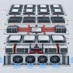 A layered AI hardware stack connects compute, memory, interconnect, storage, power, and cooling.