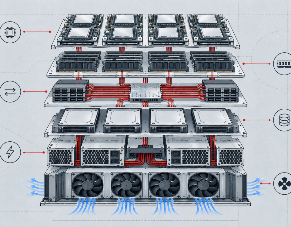 A layered AI hardware stack connects compute, memory, interconnect, storage, power, and cooling.