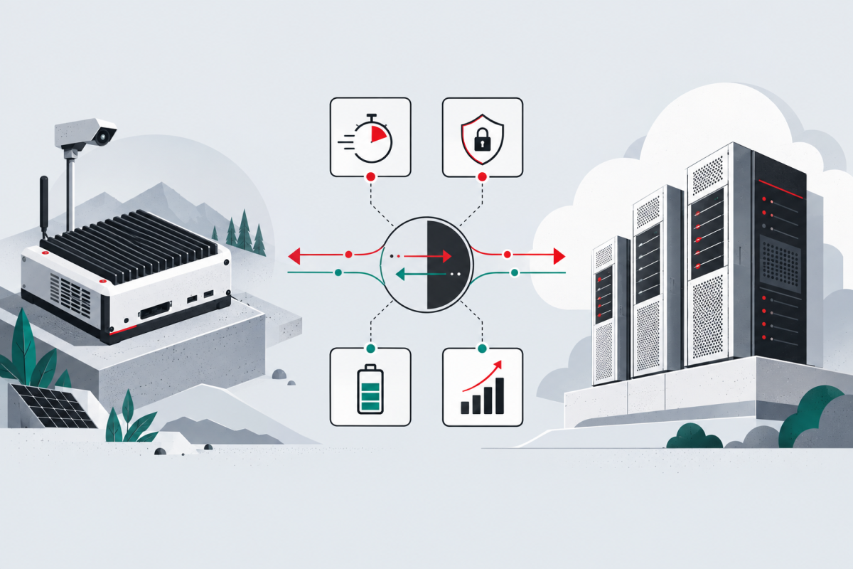 An edge device and cloud compute stack connect through a neutral workload-routing path.