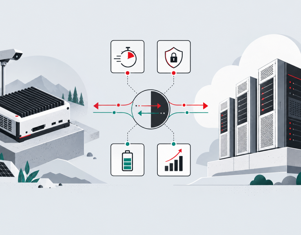 An edge device and cloud compute stack connect through a neutral workload-routing path.