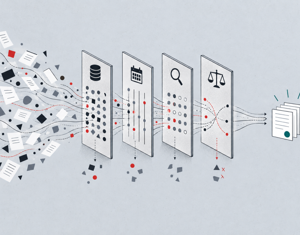 Incoming signals pass through source, date, and confidence checks before entering a concise evidence set.