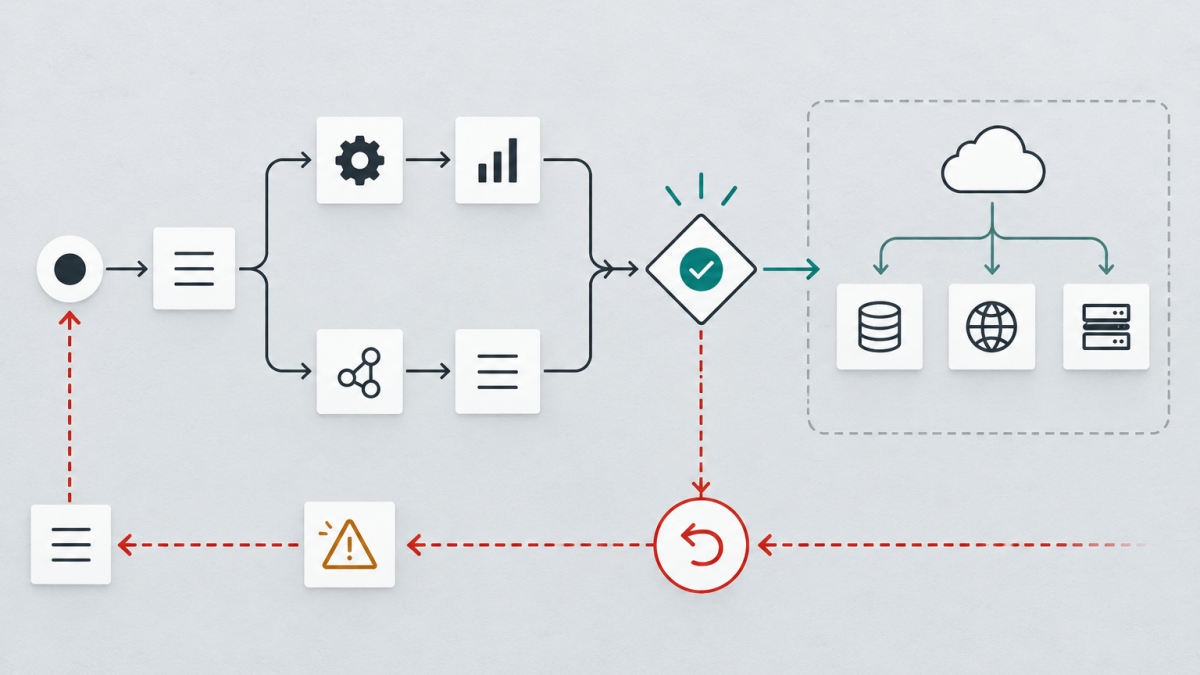 A branching automation pauses at an approval gate before an external action and retains a rollback path.
