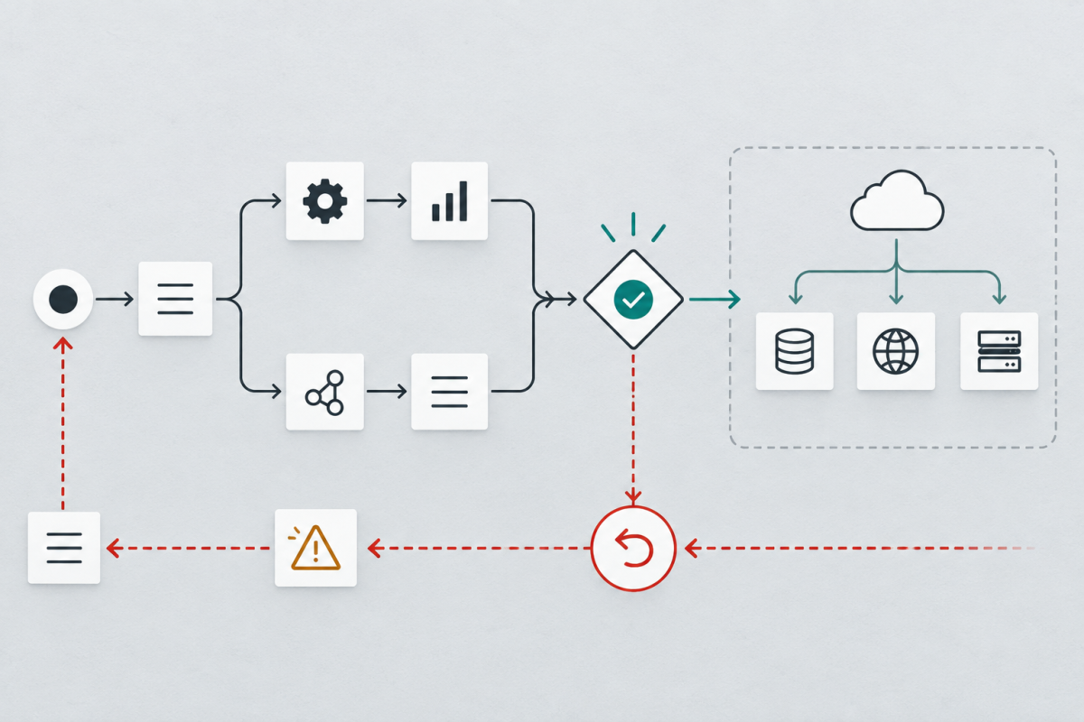A branching automation pauses at an approval gate before an external action and retains a rollback path.