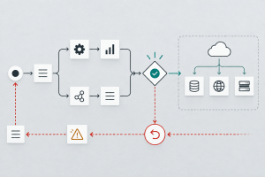A branching automation pauses at an approval gate before an external action and retains a rollback path.