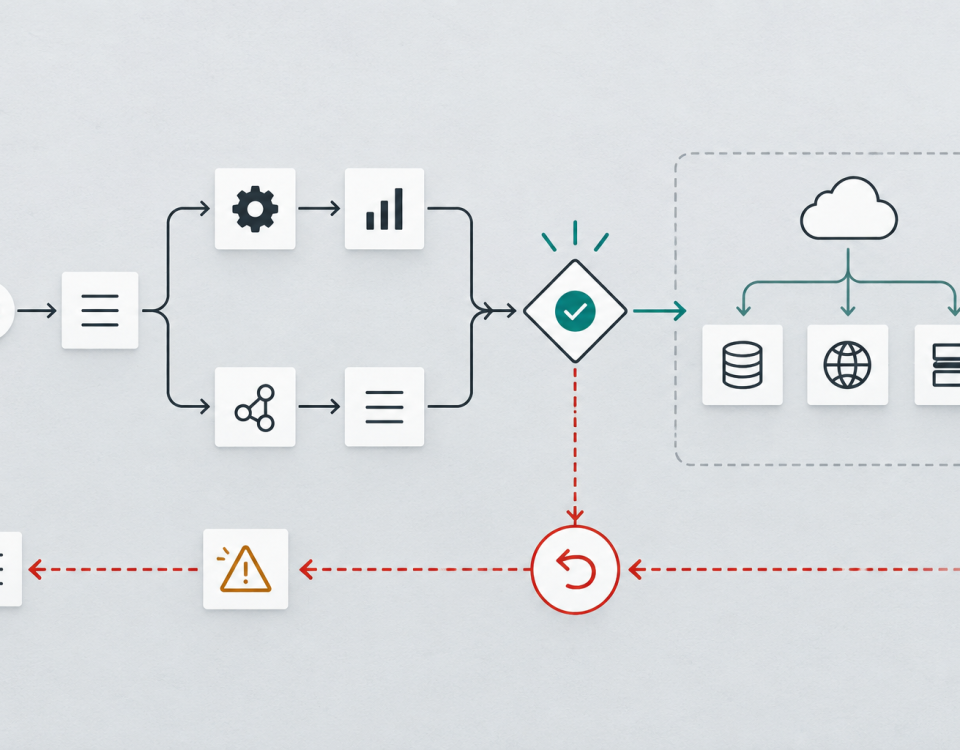 A branching automation pauses at an approval gate before an external action and retains a rollback path.