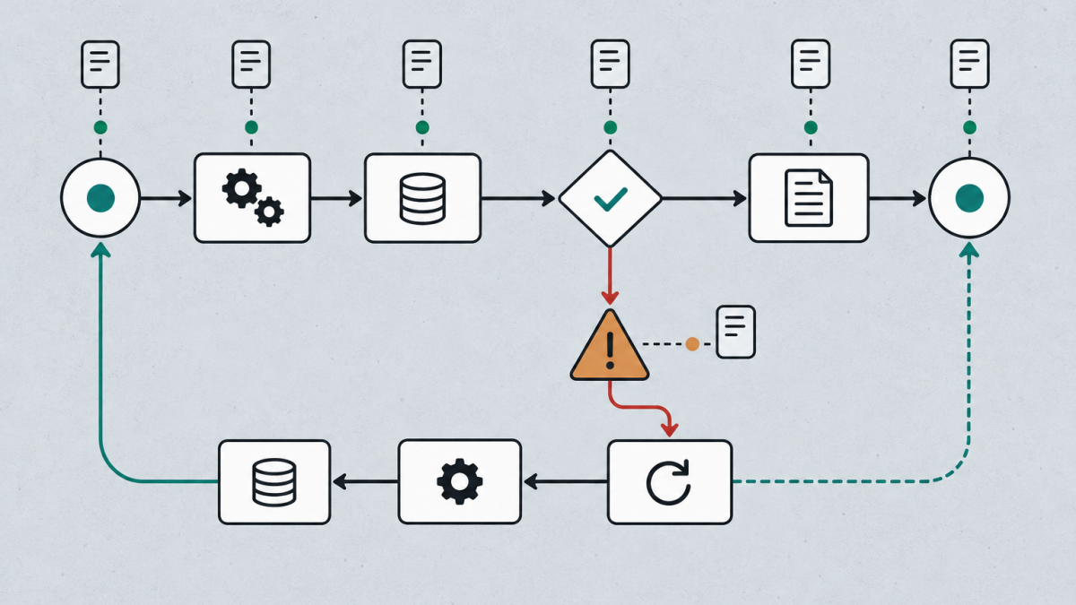 A workflow exposes checkpoints, an audit trail, a failure branch, and a recovery loop.