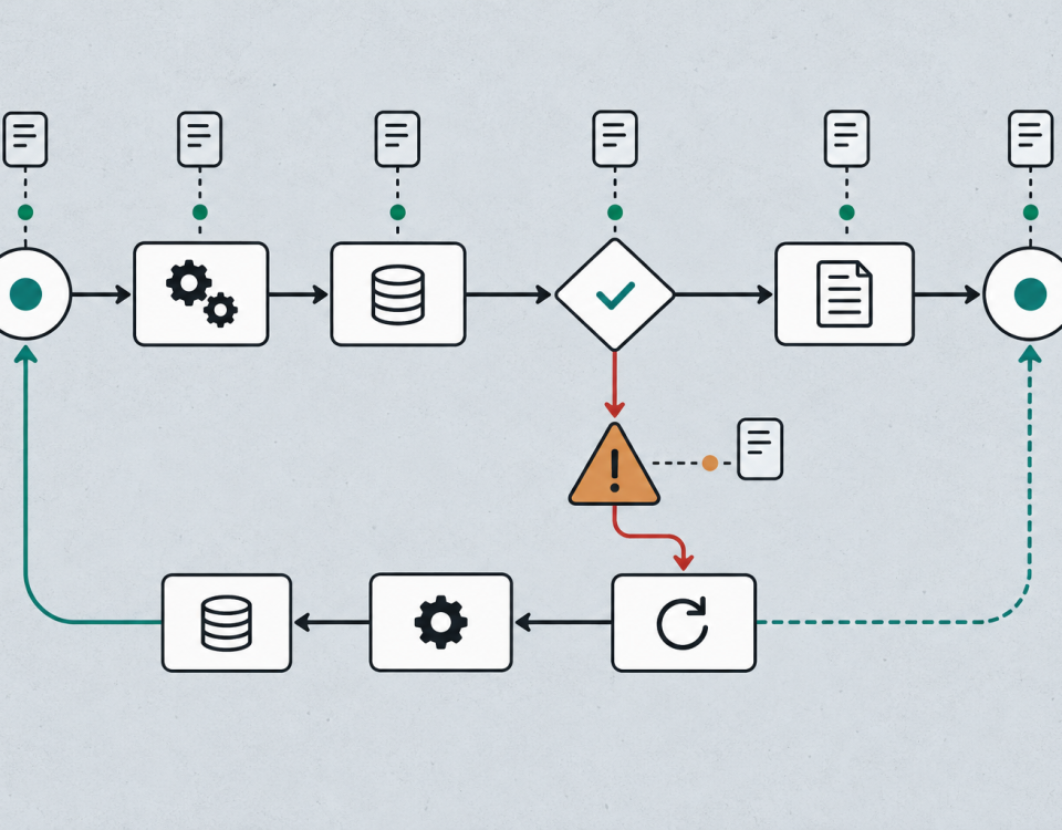A workflow exposes checkpoints, an audit trail, a failure branch, and a recovery loop.