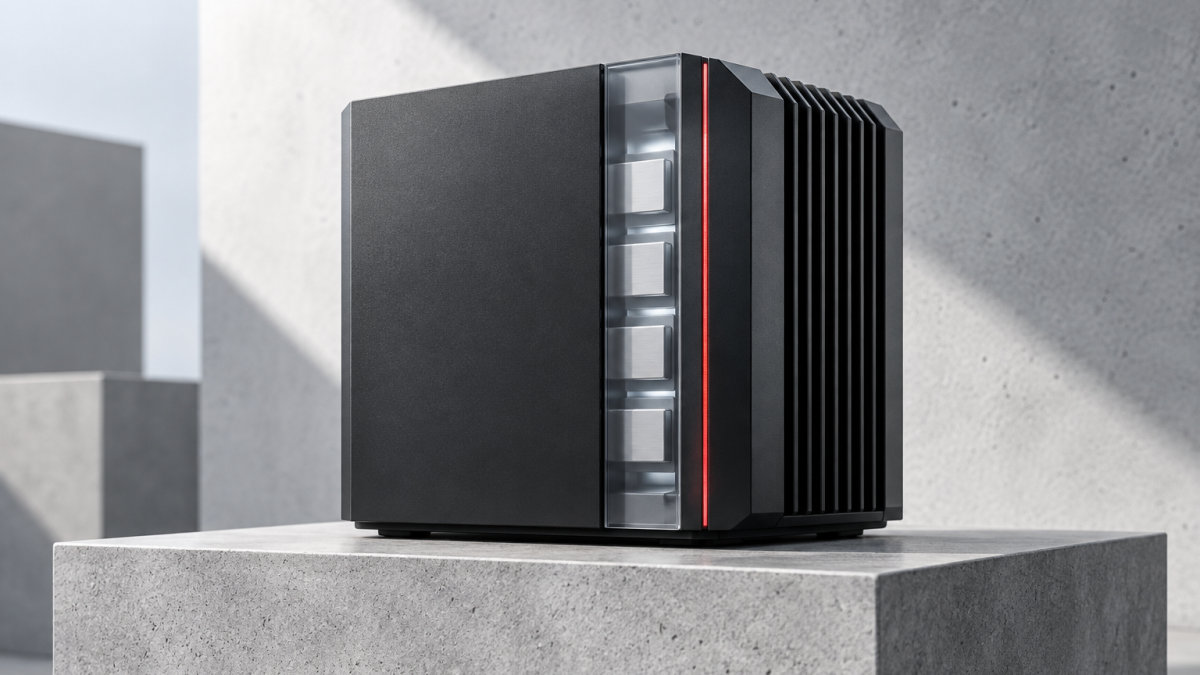 Abstract sealed compact AI appliance with a narrow memory cutaway, airflow fins and a red data path.
