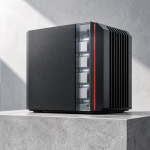 Abstract sealed compact AI appliance with a narrow memory cutaway, airflow fins and a red data path.