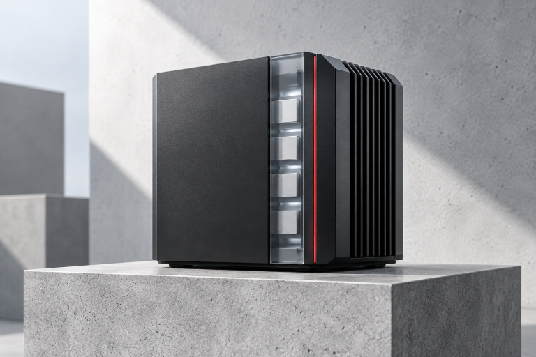 Abstract sealed compact AI appliance with a narrow memory cutaway, airflow fins and a red data path.