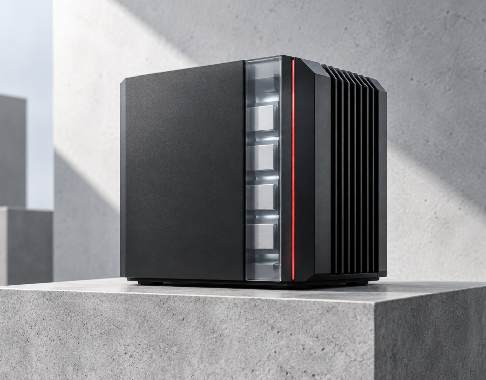Abstract sealed compact AI appliance with a narrow memory cutaway, airflow fins and a red data path.