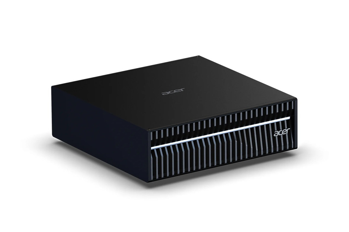 Acer Veriton GN100 compact AI workstation viewed from the front-left.
