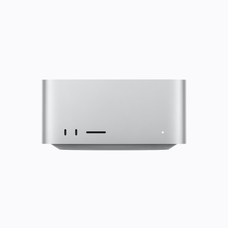 Front view of Apple Mac Studio with two USB-C ports and an SDXC card slot.