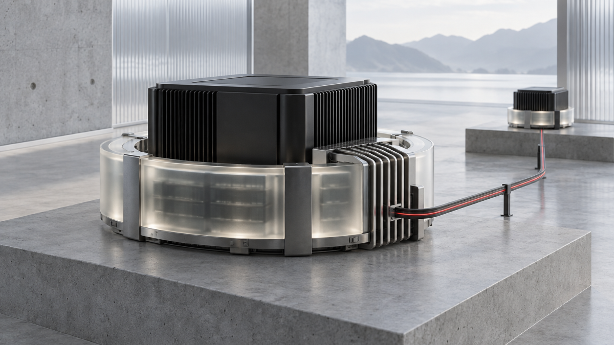 Abstract compact AI compute core surrounded by a unified-memory ring and linked to a second node.