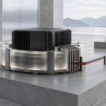 Abstract compact AI compute core surrounded by a unified-memory ring and linked to a second node.