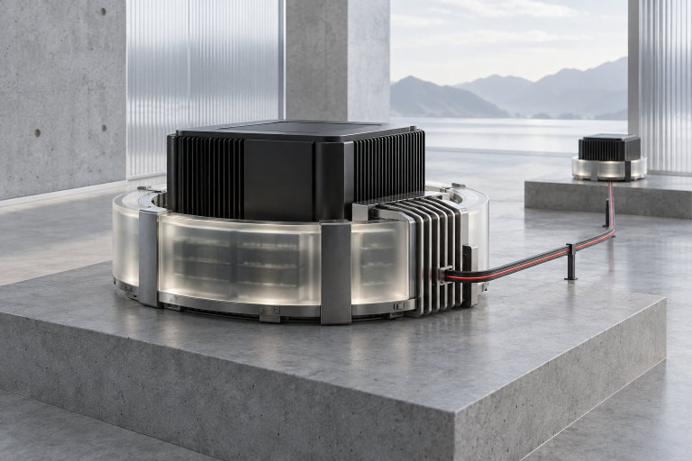 Abstract compact AI compute core surrounded by a unified-memory ring and linked to a second node.