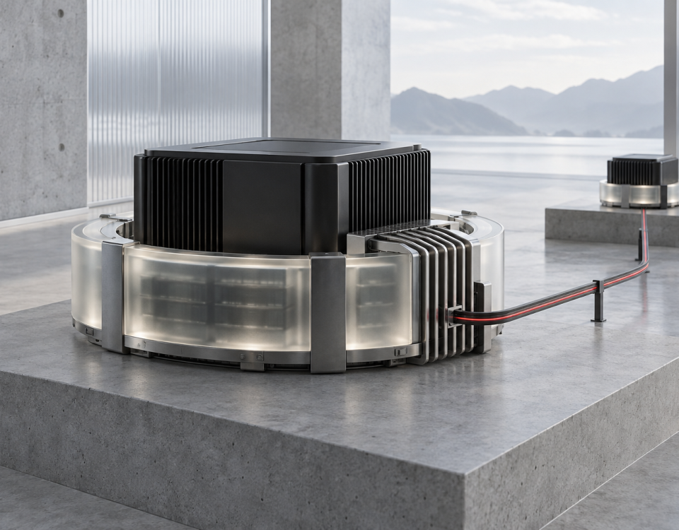 Abstract compact AI compute core surrounded by a unified-memory ring and linked to a second node.