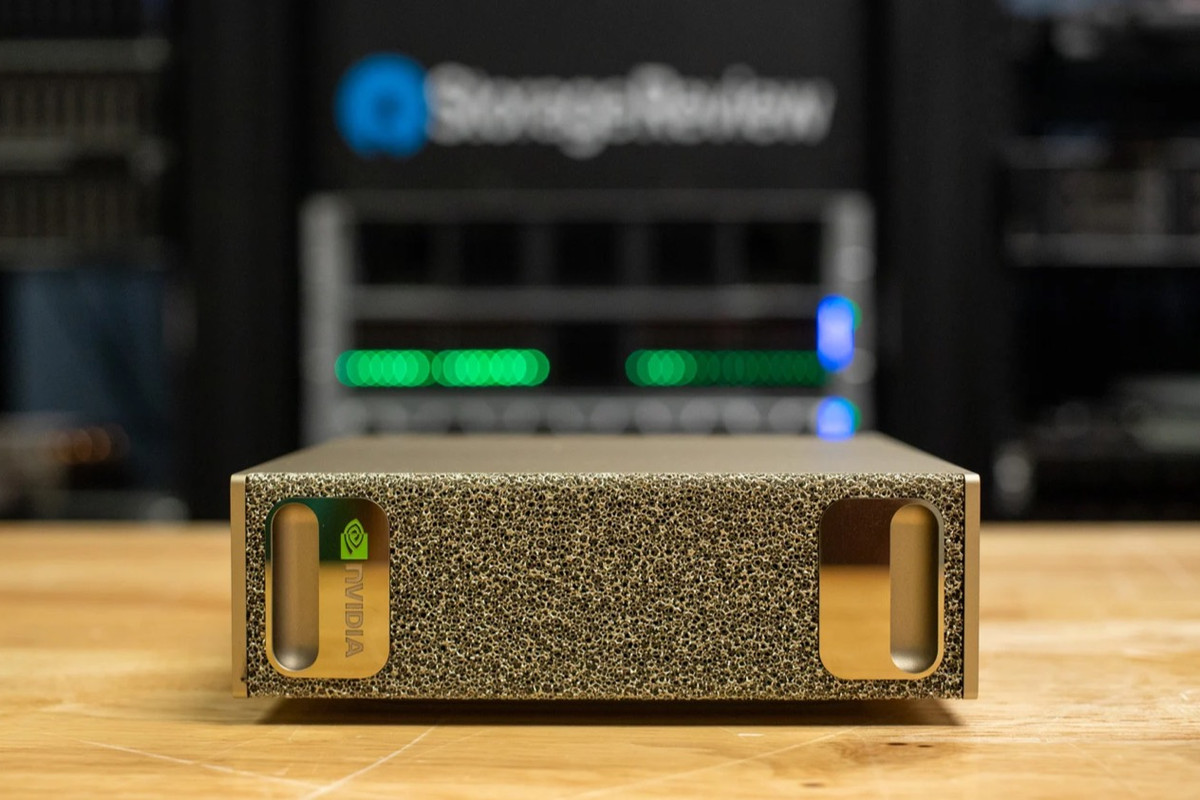 NVIDIA DGX Spark compact AI workstation viewed from the front.