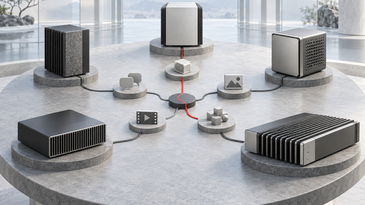 Five distinct abstract local AI compute architectures connected to different workload tokens without a winner.