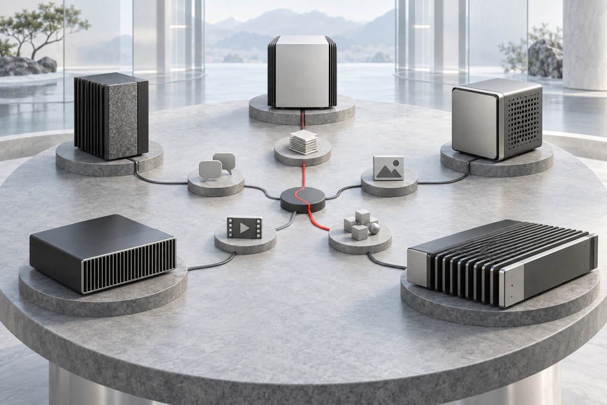 Five distinct abstract local AI compute architectures connected to different workload tokens without a winner.