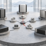 Five distinct abstract local AI compute architectures connected to different workload tokens without a winner.