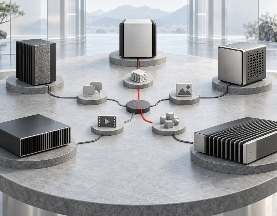 Five distinct abstract local AI compute architectures connected to different workload tokens without a winner.