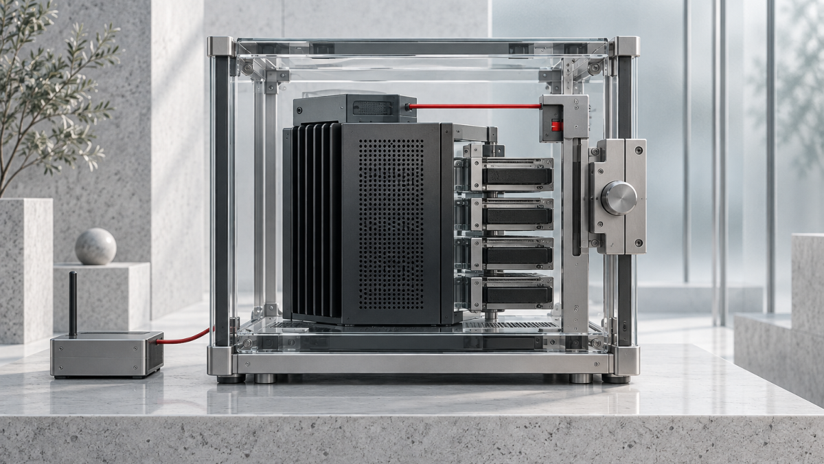 Abstract compact AI compute module protected by a transparent security enclosure and controlled access mechanism.