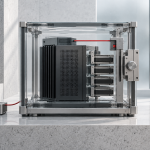Abstract compact AI compute module protected by a transparent security enclosure and controlled access mechanism.