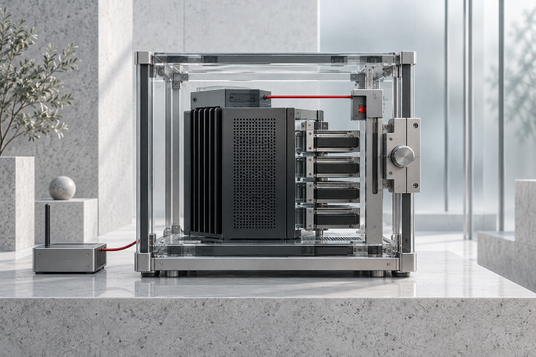 Abstract compact AI compute module protected by a transparent security enclosure and controlled access mechanism.