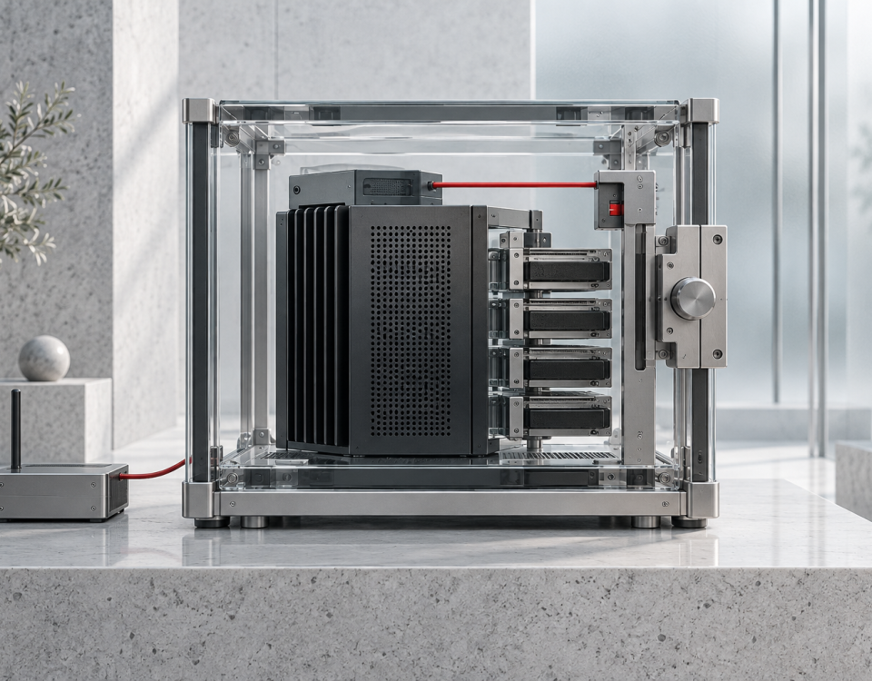 Abstract compact AI compute module protected by a transparent security enclosure and controlled access mechanism.